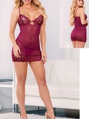 Pure Romance Berry Sheer Lace Chemise Set
